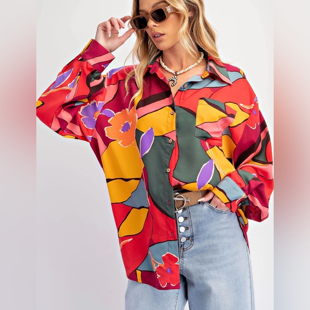NWT Easel Mirabelle Maximalist Retro In the Tropics Floral Satin Blouse Large